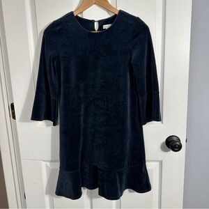 Gorgeous velour Garnet Hill Kids dress, dark blue, size 12, bell sleeves, cotton
